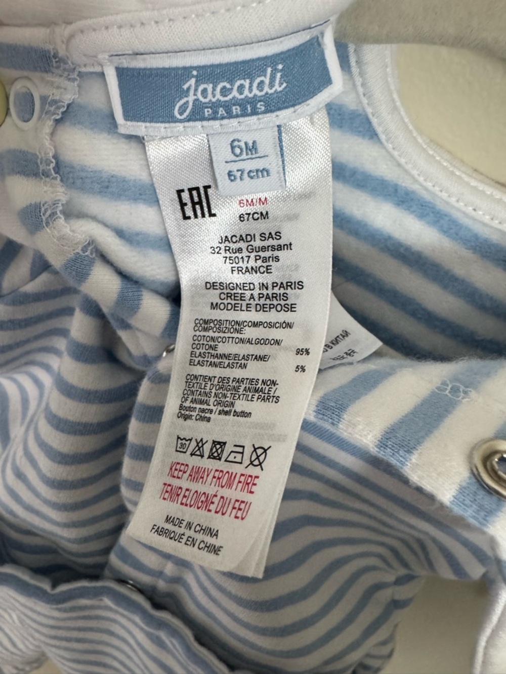 Jacadi Organic Cotton Striped Footie in Blue & White w Collar 6 Months - Picture 5 of 5